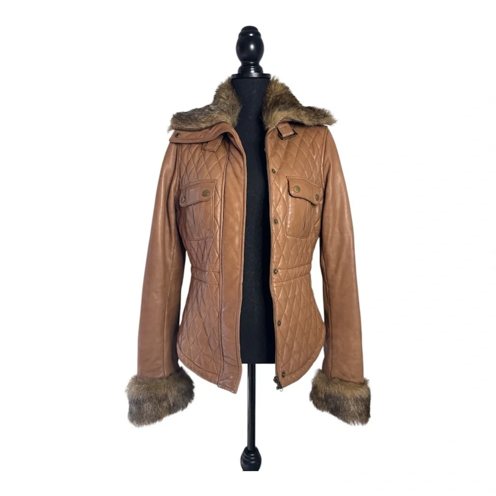 Arden B 100% Leather Quilted Faux Fur Trim Jacket Size L Camel Brown Y2K - Picture 1 of 9